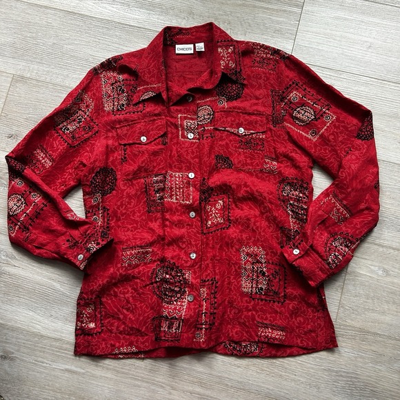 Chico's Tops - Chicos Womens 1 Medium Button Up‎ Silk Linen Blend Paisley Geometric Blouse